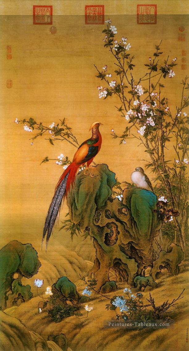 Lang oiseaux brillants au printemps ancienne Chine encre Giuseppe Castiglione Peintures à l'huile